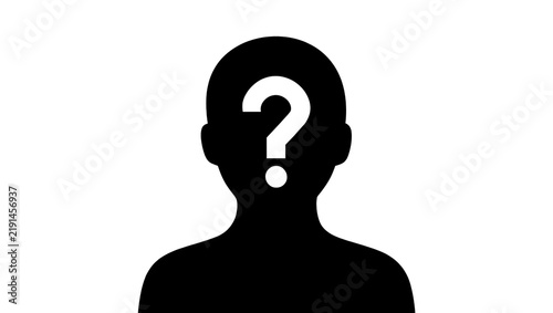 Black silhouette of a person s head with a white question mark, isolated on transparent background