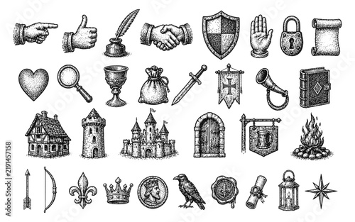 Medieval vintage icon set. Hand drawn engraved symbols of castles, knights, weapons, royal and heraldic elements.