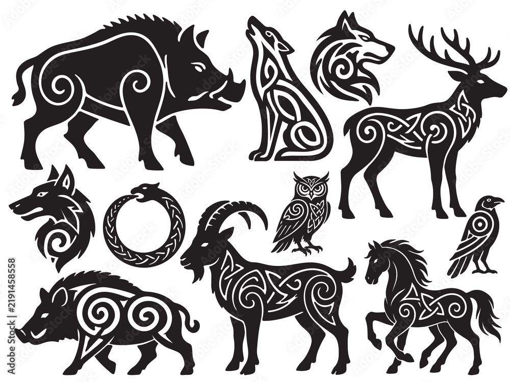 Obraz premium Celtic Tribal Animal Silhouette Vector Set with Traditional Knotwork Patterns