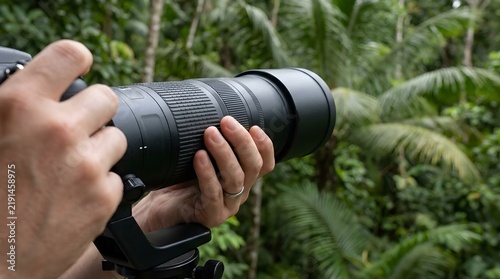Photographer hands adjusting telephoto lens to capture birds in Indonesian tropical rainforest