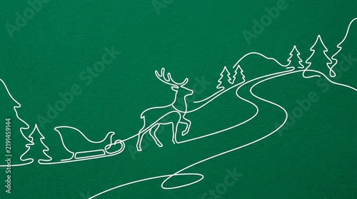 White continuous-line reindeer pulling sleigh along winding forest path