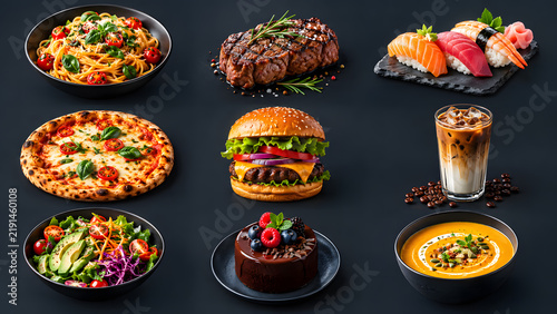 An asset pack bundle sheet of restaurant and gourmet food icons including pasta steak sushi pizza burger iced latte salad chocolate cake and pumpkin soup