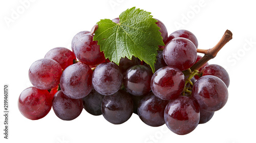 Cuadro en lienzo Fresh ripe red grapes cluster with a green leaf and woody stem