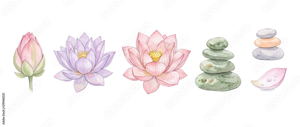Obraz premium Watercolor lotus flower zen stones set isolated on black background for spa, wellness, meditation, yoga design, floral illustration elements, clip art set, natural botanical graphic collection art.