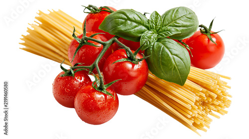 Raw spaghetti pasta bundle with fresh cherry tomatoes on vine and green basil leaves