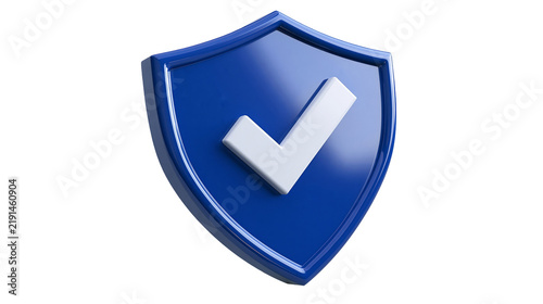 Konstfotografi Glossy blue shield icon with a white checkmark symbol