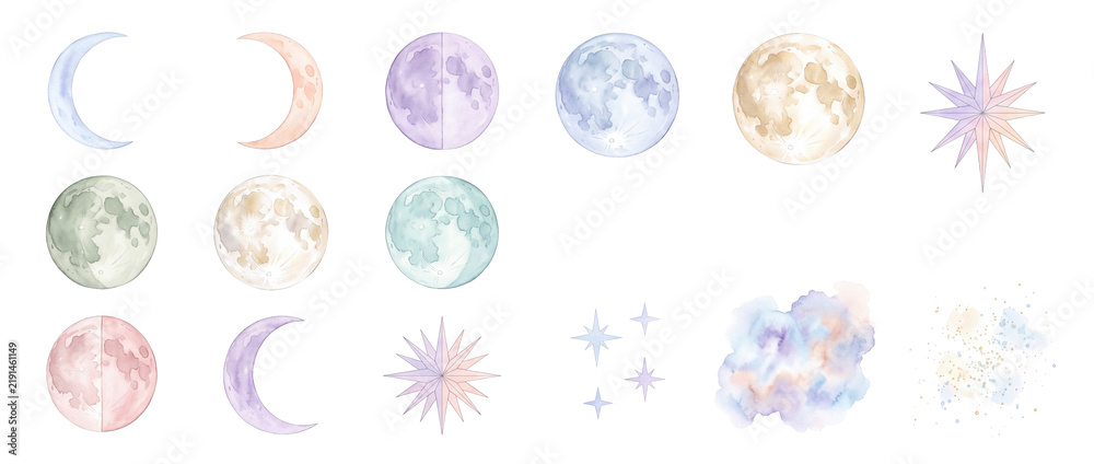 Fototapeta premium Watercolor moon phases celestial stars set isolated on black background featuring pastel full moons, crescents, watercolor clouds, and sparkling elements for mystical astrology, astronomy, boho design