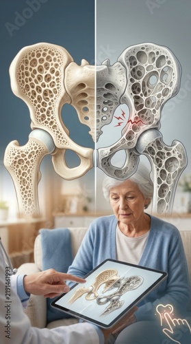 Skeletal fragility understanding: osteoporosis condition, healthy structure, weakened tissue, hip bone, medical explain, older adult, density loss, prevent fracture, future care.