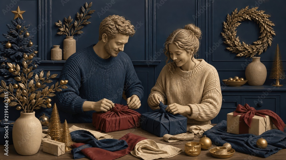 Fototapeta premium Couple Wrapping Gifts Together