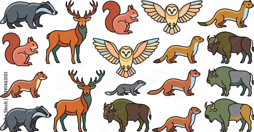 Fototapeta premium European Forest Animals Vector Set Featuring Deer Bison Badger Owl Weasel and Squirrel