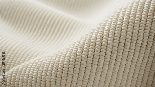 Macro detail of beige corduroy fabric texture with vertical ribbed lines and soft rounded folds, thick textile warm neutral color, clothing surface, upholstery detail, resolution, close up