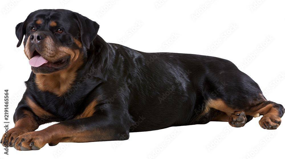 Obraz premium Large black and tan Rottweiler dog lying down with tongue out