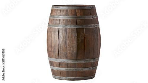 Fotografie Rustic wooden barrel with metal hoops and weathered brown timber planks
