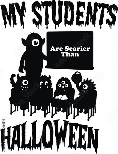 Halloween monsters in classroom with scary text Keywords: Halloween, monsters, students