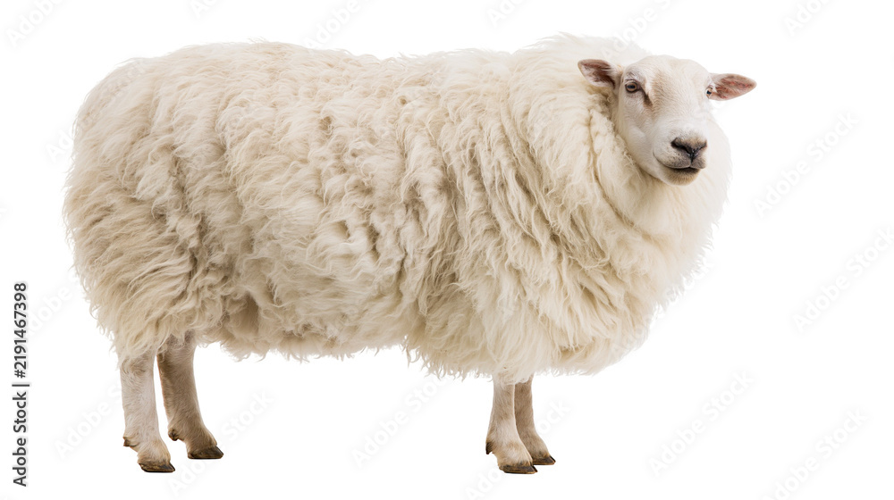 Fototapeta premium Fluffy white sheep standing in profile with thick woolly fleece