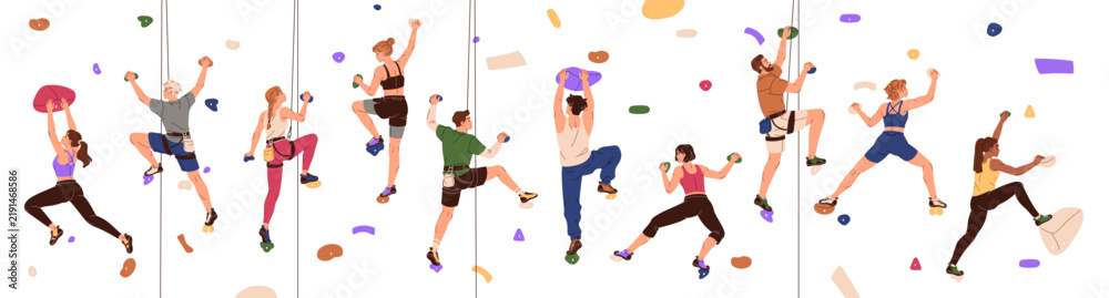 Fototapeta premium Men and women climb to the top of a bouldering wall. Climbers climb up on indoor mountain wall. People go extreme sports. Climbers grip for rocks hanging with rope on height in mountain climbing gym.