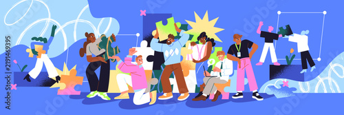 Concept of teamwork and business partnership. Business team connects pieces of puzzle together. People work and put pieces of puzzle together. Team is building jigsaw. Teamwork solving of problems.