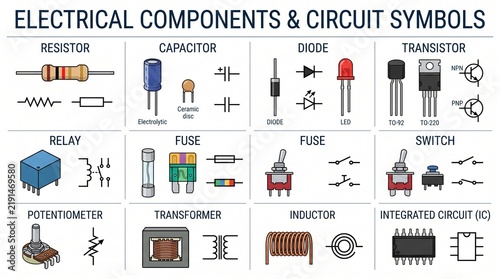 Canvastavla Collection of electronic components and circuit symbols displayed on a white bac