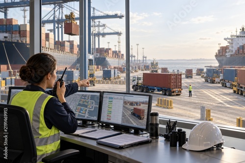 Port operator coordinating containers from a control room