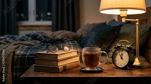 Cozy bedside table with books, tea and alarm clock in soft lamplight