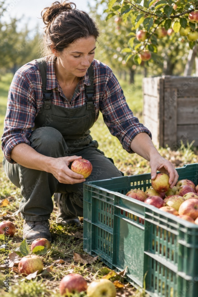 Fototapeta premium Orchard worker gathering fallen apples into a plastic crate