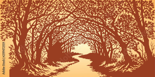 Enchanting forest path lined with arching canopy trees winding road woodland