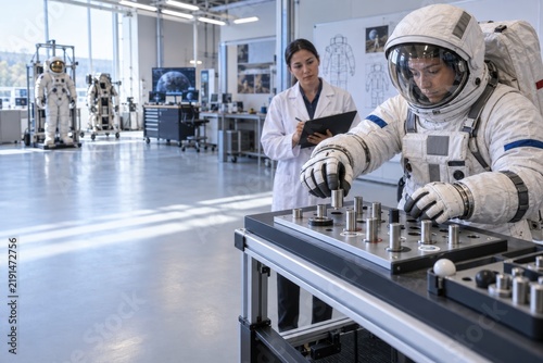 Astronaut testing spacesuit gloves with small metal components