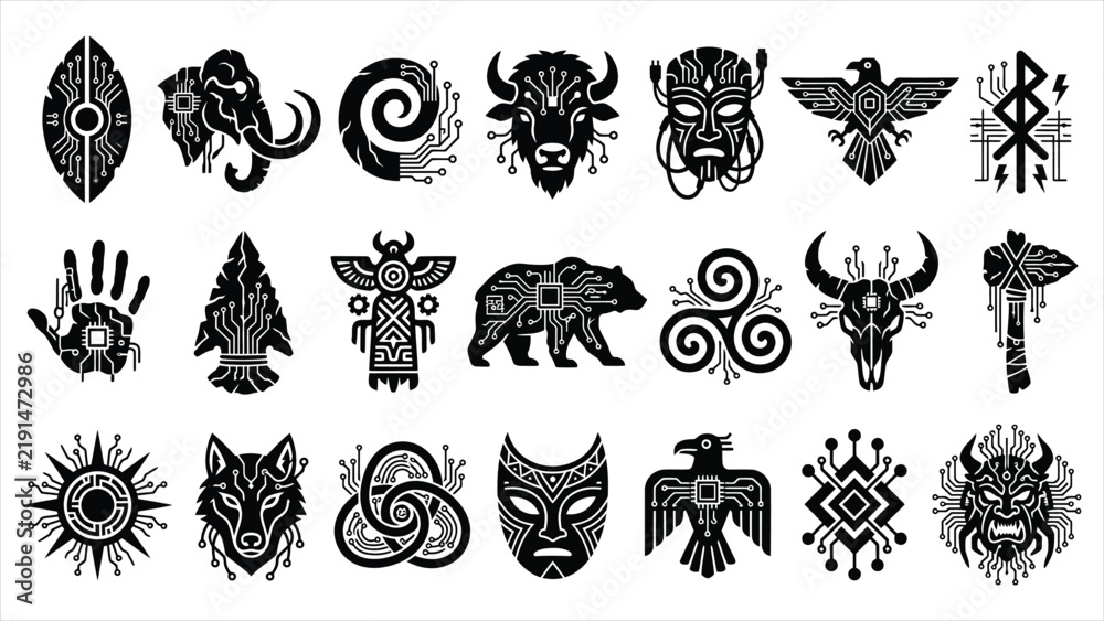 Obraz premium Prehistoric tribal cyberpunk vector totems with primitive stone textures and neon circuit patterns.