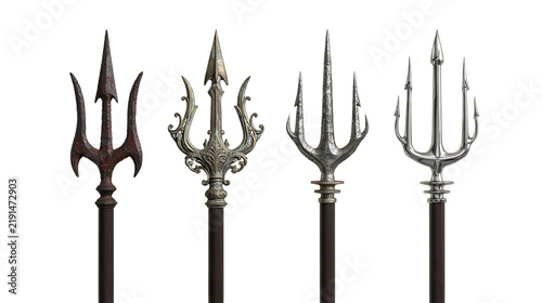 Bild auf Leinwand Four distinct metal tridents with ornate and weathered designs on wooden shafts