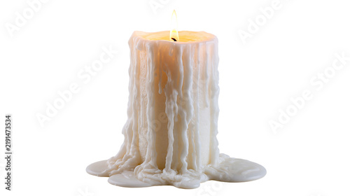 Fotografie White pillar candle with melting wax drips and glowing flame