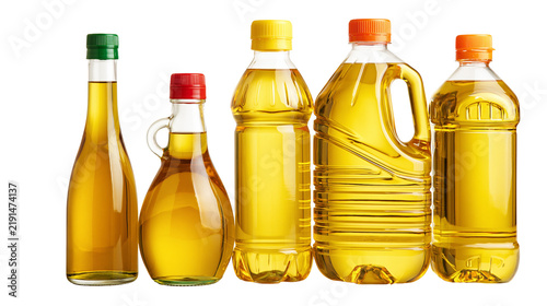 Картината върху платно Five assorted glass and plastic bottles filled with golden vegetable cooking oil