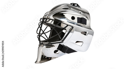 Photography Shiny chrome ice hockey goalie mask with black protective wire cage