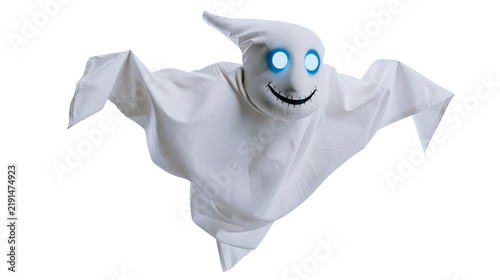 Foto White fabric ghost decoration with glowing blue eyes and stitched smile