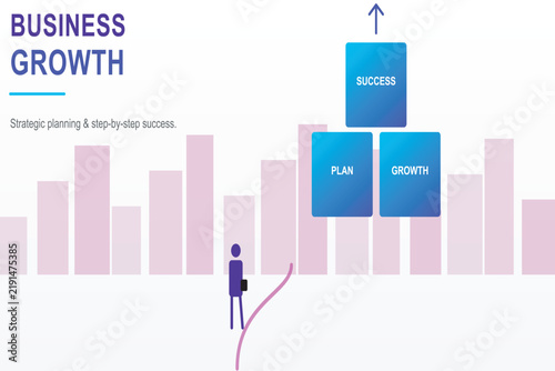 Conceptual business growth graphic showing a person climbing towards success stacked blocks with business strategy development marketing progress professional corporate financial planning