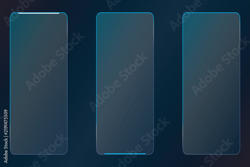 Three blank glass UI panels with light borders set against a dark blue background interface template background transparent geometry technology abstract software perspective structure