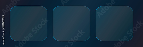 Three blank glass square UI cards on dark blue background with interface template abstract transparency navigator technology application software composition background minimalist creative