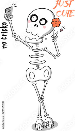 Skeleton taking a selfie with peace sign Keywords: skeleton, selfie, phone, camera, cute, funny