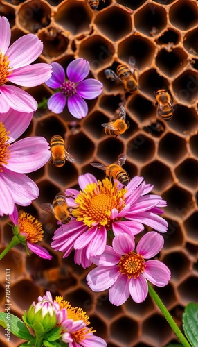 Busy bees flit between honeycomb cells, collecting nectar from nearby blooming flowers, golden, warm