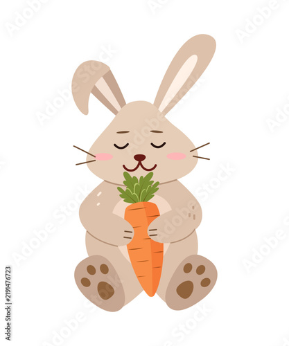 Cute cartoon bunny, hare with carrots. Print for nursery, poster and postcard. Vector illustration little rabbit.