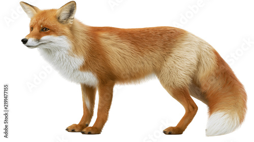 Konstfotografi Red fox standing with orange fur and white chest and tail tip