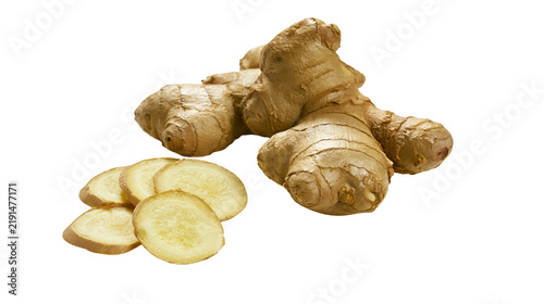 Fresh raw ginger root with several thin sliced pieces