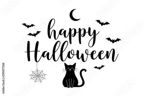 Text Happy Halloween, cursive trendy typography, black vintage lettering  illustration with bats, moon,spider web and a cute cat isolated on white or transparent background, png cut out