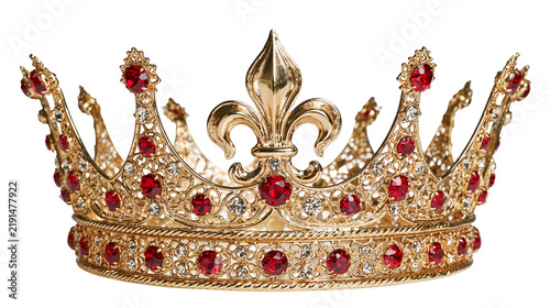 Fotografie Ornate gold crown with red rubies and clear diamonds featuring fleur de lis