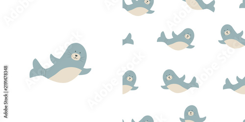 Cute cartoon sea lion seal clip art. Seamless pattern with sea lion seal. A set of vector illustrations for the design of children's clothes, bedrooms.