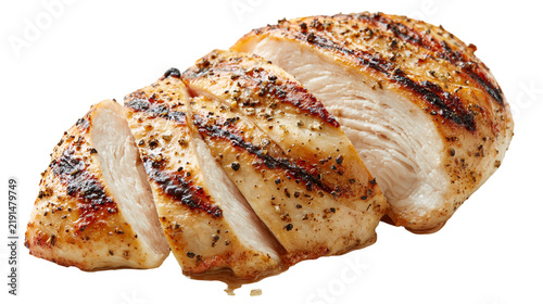Grilled sliced chicken breast fillet with black pepper and herbs