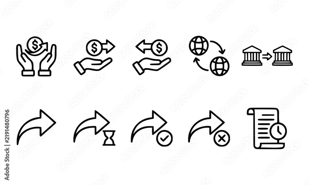 Fototapeta premium Minimalist outline vector icon set representing money transfer, financial transactions, and banking operations for digital finance applications and user interfaces.