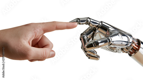 Картината върху платно Human finger touching a metallic robotic hand fingertip