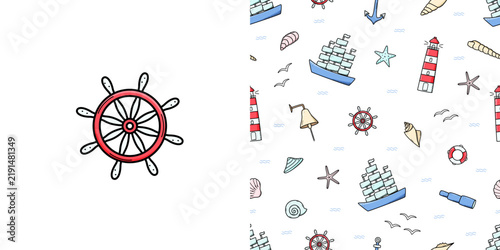 Steering wheel doodle icon and seamless pattern with elements of a marine theme. Set of vector illustrations, the concept of a sea vacation cruise trip.
