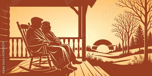 Elderly couple sitting on a porch rocking chair looking at sunset with home life