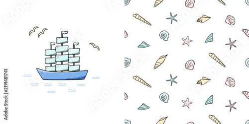 Cartoon ship, seagull and waves clip art. Seamless pattern with different shapes of seashells. Set of vector illustrations, the concept of a sea vacation cruise trip.
